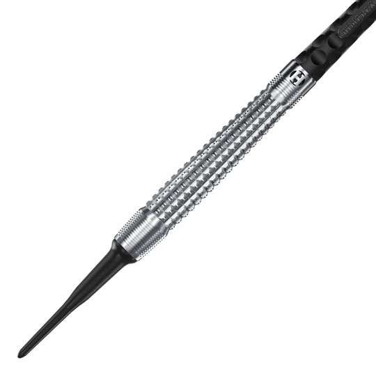 Fléchettes souples coniques Harrows Dimplex S3 Das Bild zeigt einen Harrows Dimplex S3 Tapered Softdart. Der Dartpfeil hat eine silberne, geriffelte Metallspitze und einen schwarzen Schaft.