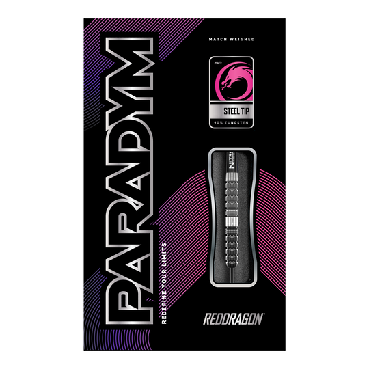 Fléchettes en acier conique Red Dragon Paradym Die Abbildung zeigt die Verpackung der "Red Dragon Paradym Tapered Steeldarts". Auf der Packung sind die Begriffe "Steel Tip", "90% Tungsten" und das Red Dragon Logo zu sehen.