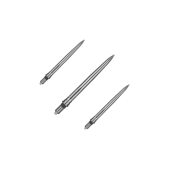 Das Bild zeigt ein Set aus glatten silbernen Dartspitzen. Die Spitzen sind ordentlich nebeneinander angeordnet.
