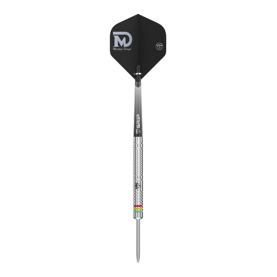 Fléchettes en acier Bulls Martijn Dragt - 24 g Dies ist ein Steeldart mit silbernem Schaft und schwarzem Flight, auf dem "Martijn Dragt" steht. Das Produkt heißt "Bulls Martijn Dragt Steeldarts - 24g".