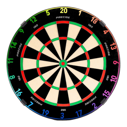 Cible de fléchettes Precise 180 en acier Endorphine avec anneau numéroté - Spectrum Zu sehen ist das Precise 180 Endorphine Steeldartboard mit Nummernring – Spectrum. Das Dartboard ist frontal abgebildet.