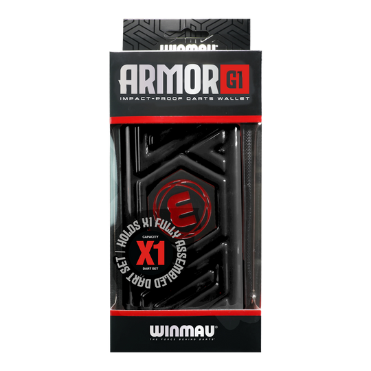 Portefeuille de fléchettes Winmau Armor G1 Das Bild zeigt eine schwarze Darttasche von Winmau mit dem Namen "Armor G1". Die Verpackung betont, dass sie stoßfest ist und ein vollständig montiertes Dart-Set aufnehmen kann.