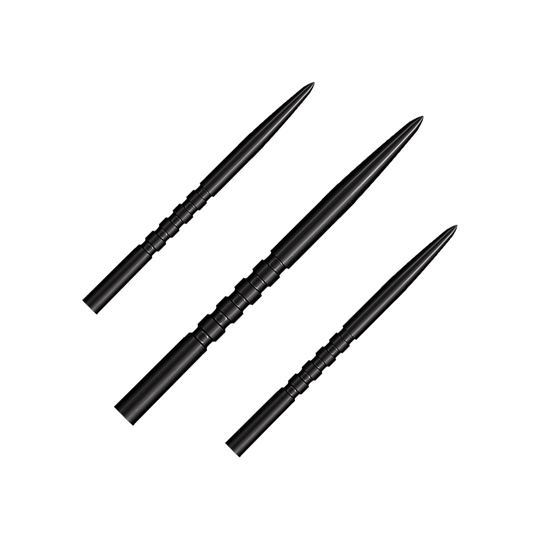 Pointes de fléchettes en acier Shot Grip Point - Noires Auf dem Bild sind drei schwarze Steeldartspitzen zu sehen. Sie haben eine geriffelte Griffzone und eine spitze Form.