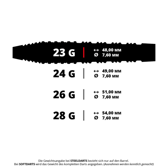 Fléchettes en acier Shot Alchemy Runstel Dieses Bild zeigt einen Shot Alchemy Runstel Steeldart mit einem Gewicht von 23 Gramm. Es ist ein professioneller Dartpfeil für Steeldart-Spieler.