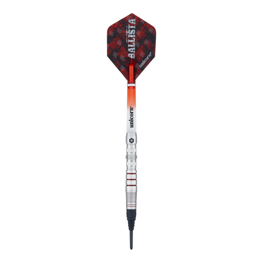 Fléchettes souples Unicorn Ballista Style 3 Das Bild zeigt einen Softdart der Marke "Unicorn Ballista Style 3". Der Dart hat eine silberne Spitze, ein rot-schwarzes Flight und einen metallischen Schaft mit roten Akzenten.