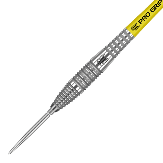 190063_Target_Bolide_05_Swiss_Point_Steeldarts_2 Das Bild zeigt den Target Bolide 05 Swiss Point Steeldart. Der Dartpfeil hat einen silbernen, geriffelten Schaft und einen gelben "Pro Grip"-Schaftaufsatz.
