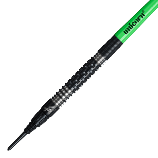 Zu sehen sind die Unicorn Wraith James Wade Softdarts - 19g. Die Darts sind für elektronische Dartscheiben geeignet.
