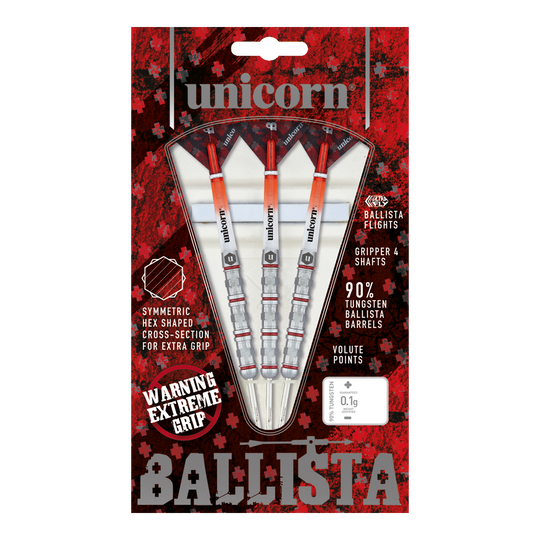 Fléchettes en acier Unicorn Ballista Style 4 Auf dem Bild ist das Produkt "Unicorn Ballista Style 4 Steeldarts" zu sehen. Die Verpackung zeigt drei Steeldarts mit auffälligem Design und betont ihre hohe Griffigkeit und den 90%igen Wolframanteil.