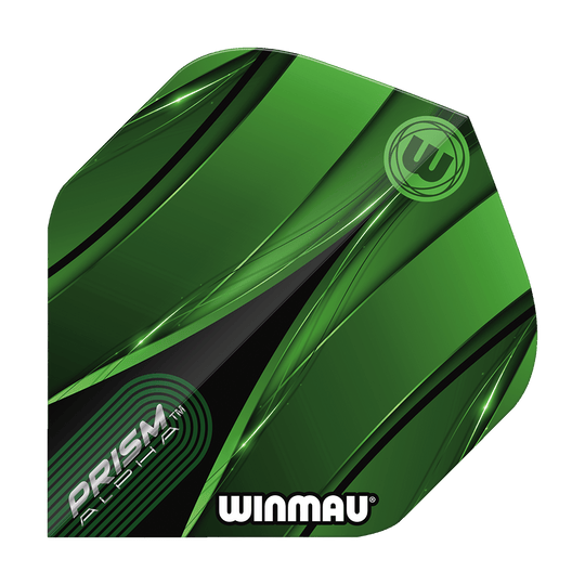 Vols standard verts Winmau Alpha Sniper Das Bild zeigt ein Winmau Alpha Sniper Green Standard Flight für Darts. Das Flight ist überwiegend grün mit schwarzen und weißen Designelementen und trägt die Aufschriften "PRISM ALPHA" und "WINMAU".