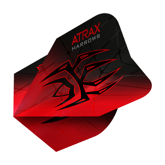 Vols Atrax Prime No6 de Harrow Das Bild zeigt das Produkt "Harrows Atrax Prime No6 Flights". Die Dartflight ist rot und schwarz mit einem markanten, grafischen Muster und dem Schriftzug "ATRAX HARROWS".