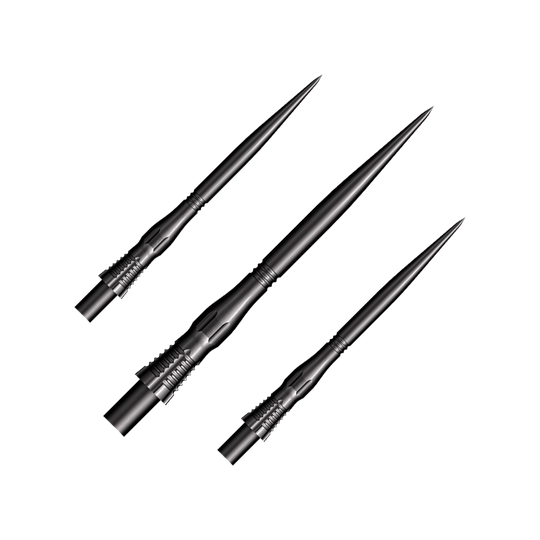 Das Bild zeigt drei schwarze Steeldart-Spitzen des Modells "Shot Cone Scallop" mit einer Länge von 35 mm. Sie sind lang, schmal und haben ein markantes, geriffeltes Design am Schaft.