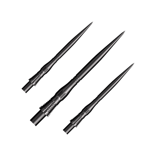 Pointes de fléchettes en acier à festons coniques - Noires - 35 mm Das Bild zeigt drei schwarze Steeldart-Spitzen des Modells "Shot Cone Scallop" mit einer Länge von 35 mm. Sie sind lang, schmal und haben ein markantes, geriffeltes Design am Schaft.
