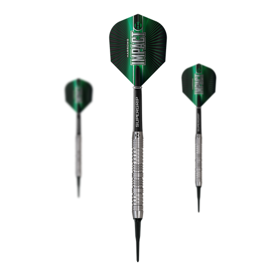 Das Bild zeigt ein Set der Harrows Impact Softdarts. Mehrere Darts sind zusammen zu sehen.