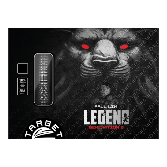 Target Japan Paul Lim The Legend GEN8 Fléchettes souples - 19 g Auf dem Bild ist die Verpackung der "Target Japan Paul Lim The Legend GEN8 Softdarts - 19g" zu sehen. Im Hintergrund ist ein Löwengesicht mit leuchtend roten Augen abgebildet.