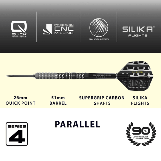 Fléchettes en acier Harrows Dave Chisnall Chizzy Série 4 Quick Point Das Bild zeigt die Harrows Dave Chisnall Chizzy Series 4 Quick Point Steeldarts. Die Darts sind professionell und bekannt für ihre hohe Qualität.