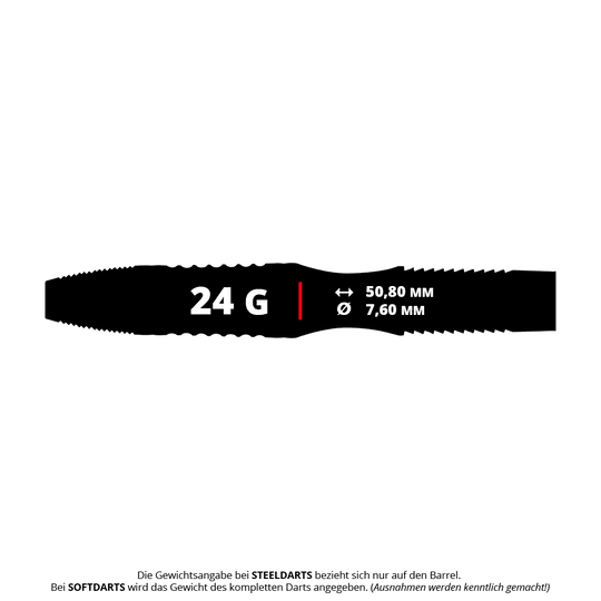 Fléchettes en acier Winmau Rashad Sweeting - 24 g Das Bild zeigt die Produktinformationen zu den Winmau Rashad Sweeting Steeldarts mit einem Gewicht von 24 Gramm. Die Länge des Barrels beträgt 50,80 mm und der Durchmesser 7,60 mm.