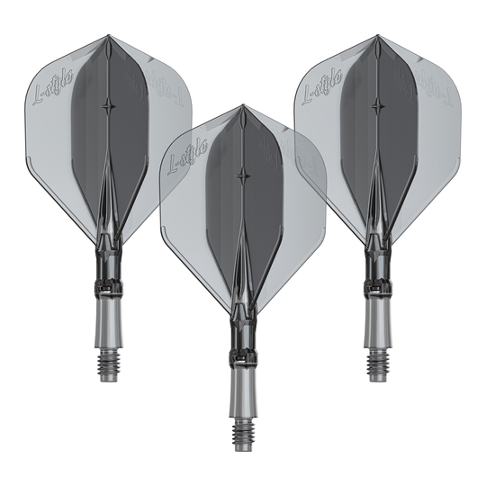 Vols L-L-Style-System - Noir transparent Das Bild zeigt ein Produkt mit dem Namen LS1062_LStyle_L-System_Flights_ClearBlack_Small_190_1Set. Es handelt sich um ein Dartzubehör.