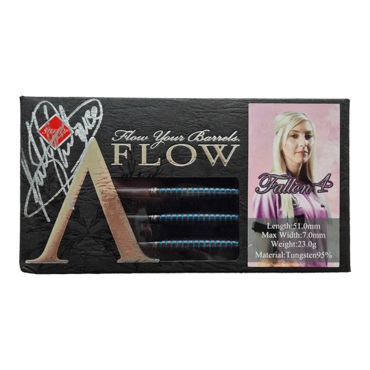 Fléchettes Dynasty Fallon Sherrock 4 AFlow BK en acier - Avec autographe - 23 g Das Bild zeigt eine Packung Dynasty Fallon Sherrock 4 AFlow BK Steeldarts mit einer Unterschrift. Auf der Verpackung ist auch ein Foto von Fallon Sherrock sowie die technischen Daten der Darts abgebildet.
