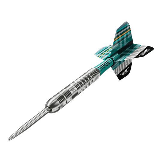 Das Produkt Target Hydro 01 Swiss Point Steeldarts wird auf diesem Bild gezeigt. Die Abbildung legt den Fokus auf die Besonderheiten der Darts.