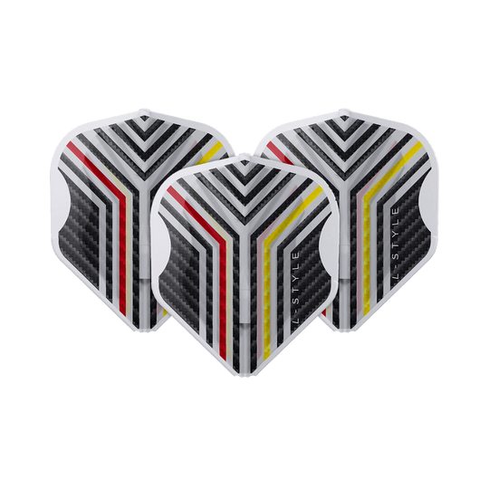 Vols L-Style Arno Merk V1 Blanc Transparent L1EZ Das Bild zeigt ein Set L-Style Arno Merk V1 Clear White L1EZ Flights ordentlich ausgelegt. Die Struktur der Flights ist hervortritt.