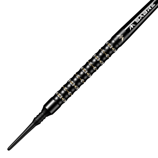 Das Bild zeigt einen Mission Mike De Decker MDD Black Gold Softdart mit einem Gewicht von 20g. Der Dart ist schwarz-gold und hat eine strukturierte Griffzone für besseren Halt.
