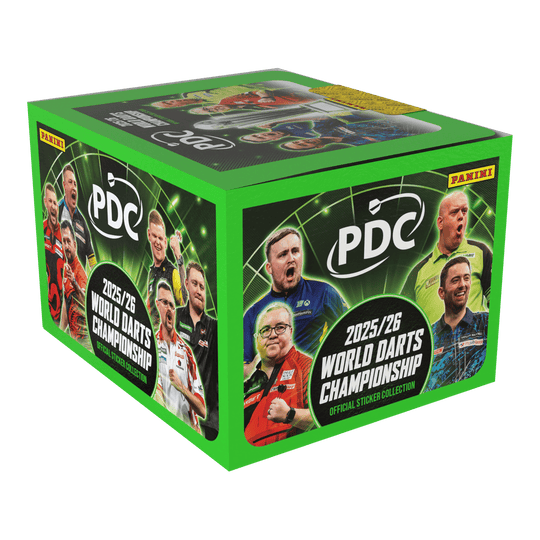 Hier abgebildet ist noch einmal das Panini PDC World Darts Championship 2025/26 Softcover Bundle mit einer Stickerbox. Das Bundle ist ideal für Stickersammler der Darts-Weltmeisterschaft.