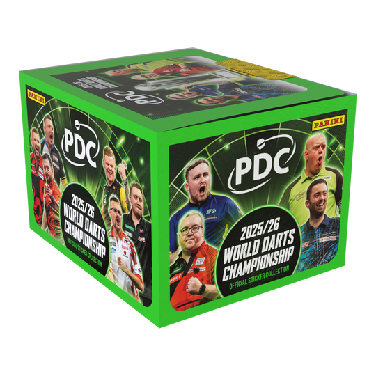 Championnat du monde de fléchettes PDC Panini 2025/26 - Coffret à couverture souple avec boîte d'autocollants Hier abgebildet ist noch einmal das Panini PDC World Darts Championship 2025/26 Softcover Bundle mit einer Stickerbox. Das Bundle ist ideal für Stickersammler der Darts-Weltmeisterschaft.