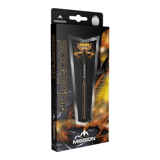 Fléchettes souples Mission Scorpion - 19 g Die Abbildung zeigt die Verpackung der "Mission Scorpion Softdarts - 19g". Das Design ist schwarz-gold mit einem Skorpionmotiv und zeigt einen Dartpfeil in der Mitte.