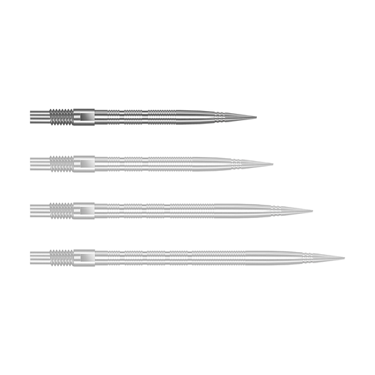 Pointes de fléchettes Harrows Quick Point Micro Ridge - Argent Silberne Harrows Quick Point MicroRidge Dartspitzen mit 26 mm Länge werden dargestellt. Die Spitzen liegen einzeln auf einer hellen Oberfläche.