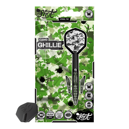 Shot Camo Ghillie Turbo Point Steeldarts mit 23 Gramm. Die Darts sind in einem speziellen Tarnmuster gehalten.
