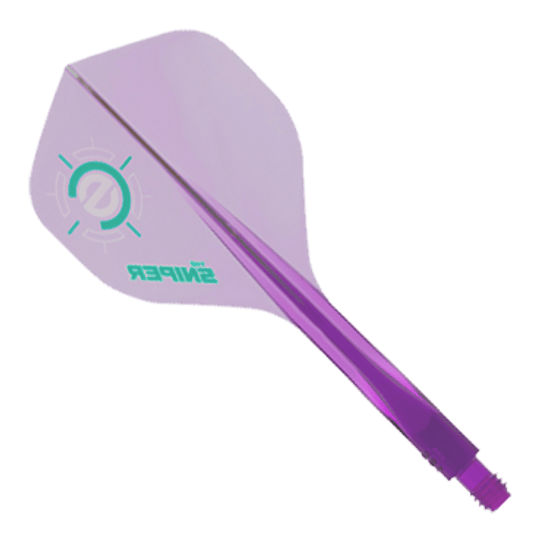 Système de vol Condor Ax 120 Connor Scutt Sniper violet clair - Standard Das Bild zeigt ein Condor Axe 120 Connor Scutt Sniper Clear Purple Flight-System in Standardform. Das Produkt ist überwiegend durchsichtig-lila und hat grüne Akzente sowie den Schriftzug "SNIPER" auf dem Flight.