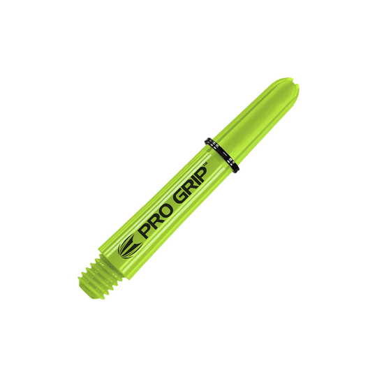 Tiges Target Pro Grip - 3 jeux - Vert citron Das Bild zeigt einen limegrünen Dartshaft mit der Aufschrift "PRO GRIP". Der Schaft hat ein Schraubgewinde an einem Ende und ist 34 mm lang.