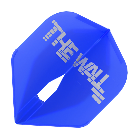 Vols L-Style Martin Schindler Blue L1PRO Das Bild zeigt ein blaues Dartflight mit der Aufschrift "THE WALL". Es handelt sich um das Modell "L-Style Martin Schindler Blau L1PRO Flights".