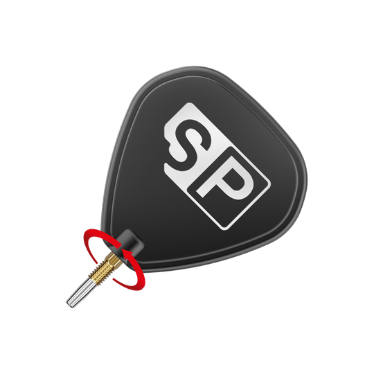 Pointes de fléchettes Target Swiss Point Chrono Darts - Or Das Bild zeigt eine schwarze Dartspitze mit den weißen Buchstaben "SP" darauf. Ein roter Pfeil deutet auf eine Drehbewegung an der goldenen Schraubverbindung hin.