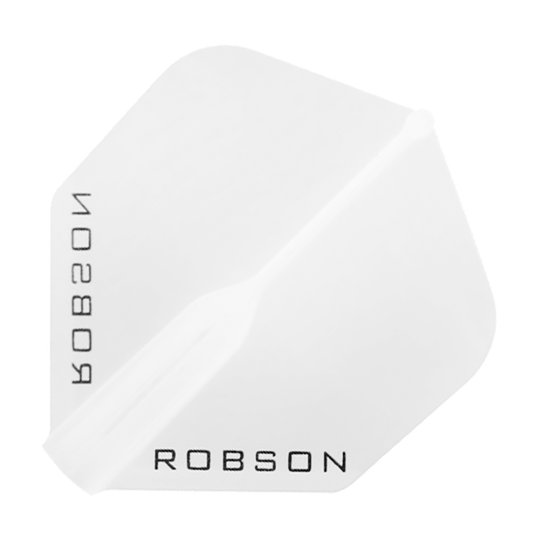 Vols Robson Plus - Standard Das Bild zeigt einen klaren, sechseckigen Dartflight mit dem Schriftzug "ROBSON" in schwarzer Farbe. Das Design ist schlicht und durchsichtig gehalten.