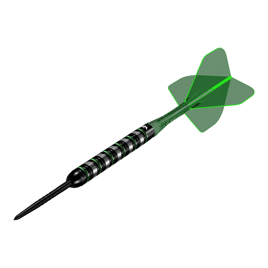 Fléchettes Mission en acier moldavite - 23 g Mission Moldavite Steeldarts - 23g wird aus einer anderen Perspektive gezeigt. Die Darts zeichnen sich durch ein grünes Designelement aus.