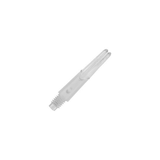 Das Bild zeigt einen transparenten, geraden Dart-Schaft aus Kunststoff. Er hat ein Schraubgewinde an einem Ende und ist 26 mm lang.