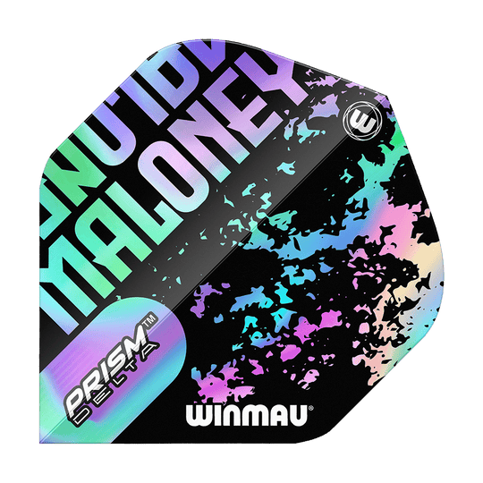 Vols standard Winmau Prism Delta Mike Maloney Das Bild zeigt ein Winmau Prism Delta Mike Maloney Standard Flight für Darts. Das Flight hat ein auffälliges, buntes Design mit dem Namen "Maloney" und dem Winmau-Logo.