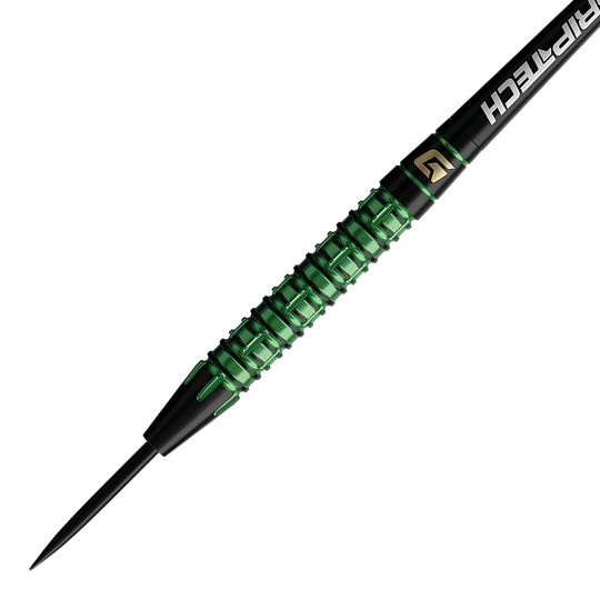 Fléchettes GOAT Athlete en acier tungstène vert Zu sehen sind die GOAT Athlete Green Tungsten Steeldarts. Das Foto präsentiert die Darts aus einer anderen Perspektive.