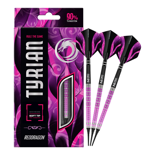 Fléchettes souples Red Dragon Tyrian - 22 g Das Bild zeigt die Red Dragon Tyrian Softdarts - 22g mit einem auffälligen pink-schwarzen Design. Die Darts bestehen zu 90% aus Tungsten und werden in einer passenden Verpackung präsentiert.