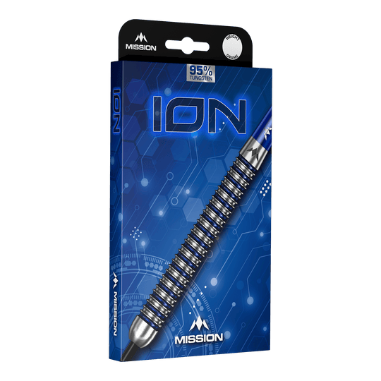 Fléchettes en acier Mission ION bleu argent Mission ION Blue Silver Steeldarts sind auf diesem Bild zu sehen. Das Produkt zeichnet sich durch seine blaue und silberne Farbgebung aus.