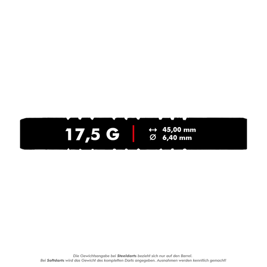 Fléchettes souples McDart 85 Tungstène V11 - 17,5 g Das Bild zeigt die Produktangaben der McDart 85er Tungsten V11 Softdarts mit einem Gewicht von 17,5 g. Die Darts haben eine Länge von 45,00 mm und einen Durchmesser von 6,40 mm.