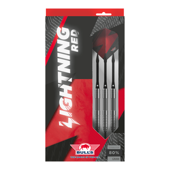Fléchettes en acier rouge Bulls NL Lightning Das Bild zeigt die Verpackung der "Bulls NL Lightning Red Steeldarts". In der Packung sind drei silberne Steeldarts mit roten Flights zu sehen.