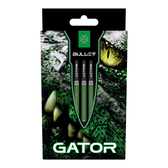 Abgebildet sind die Bullet Gator Steeldarts. Sie sind speziell für Präzision und Kontrolle beim Dartspiel entwickelt.