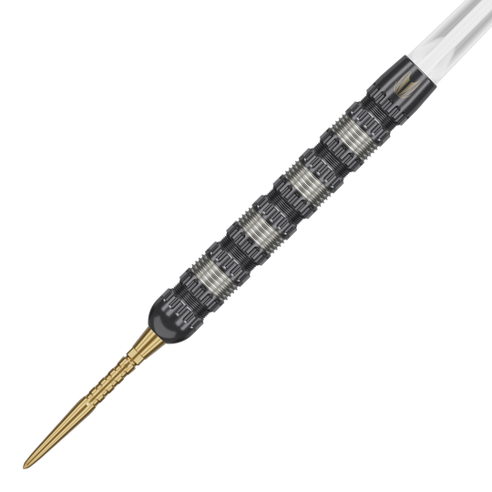 Fléchettes en acier Target Rob Cross 95K Swiss Point Das Bild zeigt einen Target Rob Cross 95K Swiss Point Steeldart. Der Dart hat eine strukturierte, silber-schwarze Oberfläche und eine goldene Spitze.