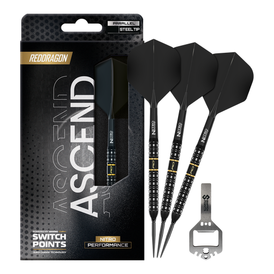 Fléchettes en acier Red Dragon Ascend Parallel Switch Point Das Bild präsentiert die Red Dragon Ascend Parallel Switch Point Steeldarts in voller Länge. Die Details des kompletten Darts sind gut erkennbar.