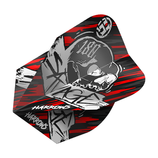Das Bild zeigt das Produkt "Harrows Savage Red Silver No6 Flights". Das Design ist in Rot, Silber und Schwarz gehalten und zeigt einen Totenkopf mit den Worten "Harrows" und Graffiti-Elementen.