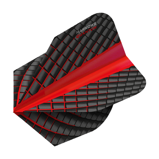 HR6804_Harrows_Quantum_Rot_No6_Flights_2 Das Bild zeigt ein Harrows Quantum Rot No6 Dartflight. Das Flight ist schwarz mit einem roten Gittermuster und roten Akzenten gestaltet.