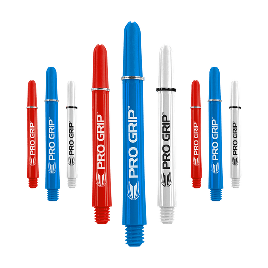 Tiges Target Pro Grip - 3 jeux - Rouge Bleu Blanc Das Bild zeigt neun Dart-Shafts in den Farben Blau, Rot und Weiß. Auf jedem Shaft steht der Schriftzug "PRO GRIP" mit einem kleinen Logo darunter.