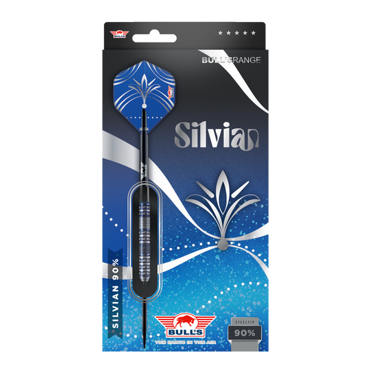 Fléchettes en acier Silvian Bulls NL Die Abbildung zeigt die Verpackung der "Bulls NL Silvian Steeldarts". Die Verpackung ist vorwiegend blau und silber gestaltet und hebt die Marke sowie den Namen "Silvian" hervor.